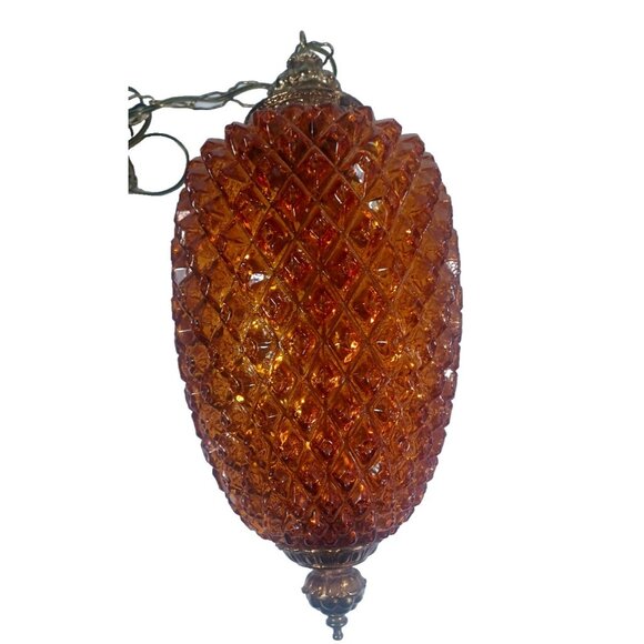 VTG MCM 1960s XL Amber Glass & Brass Pineapple Diamond Quilted Hanging Swag Lamp - Picture 4 of 11